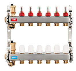 Rozdělovač nerez s průtokoměry a uzav. ventily, 6 okruhů